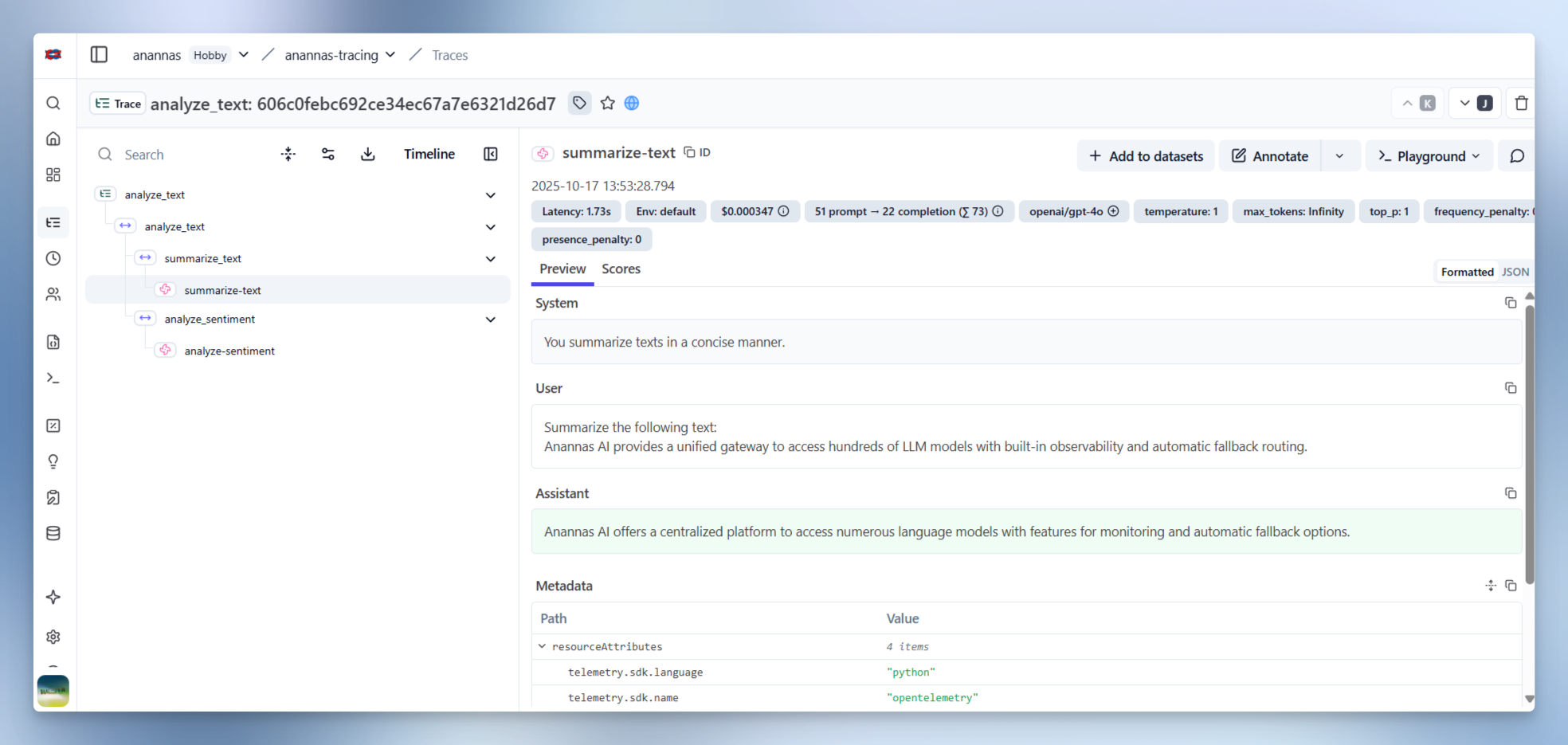 Example trace in Langfuse