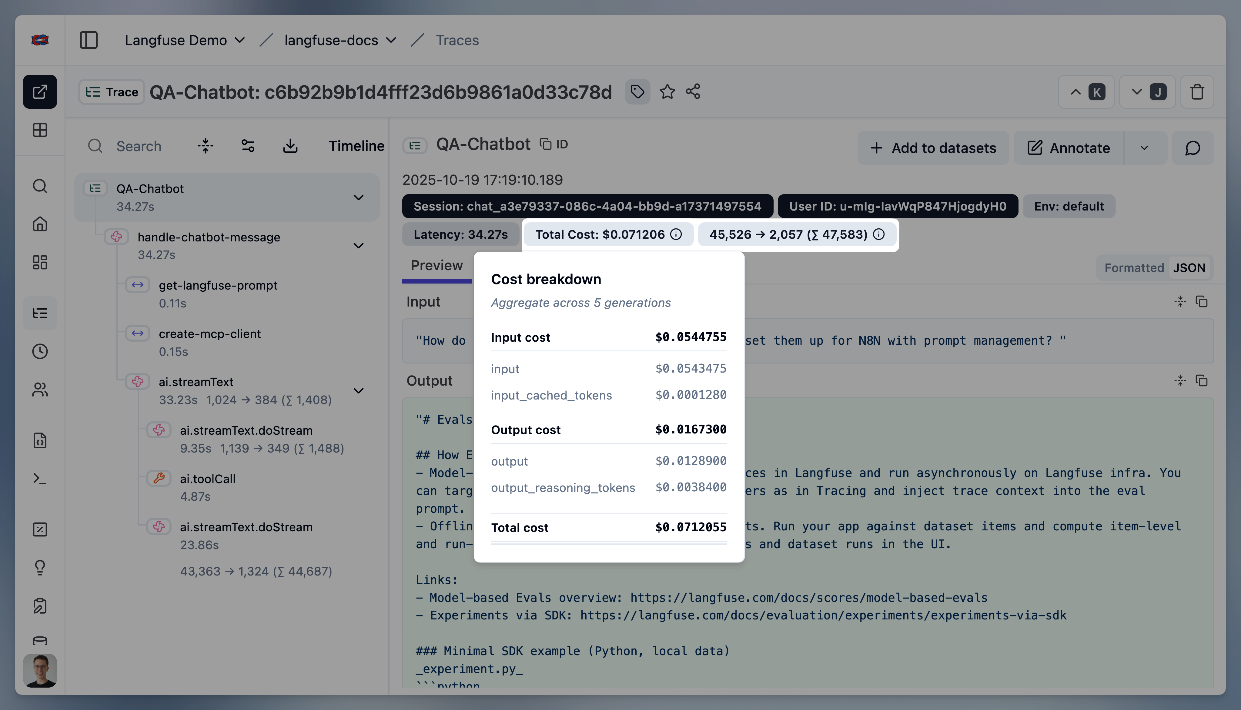 Model cost breakdown in Langfuse UI