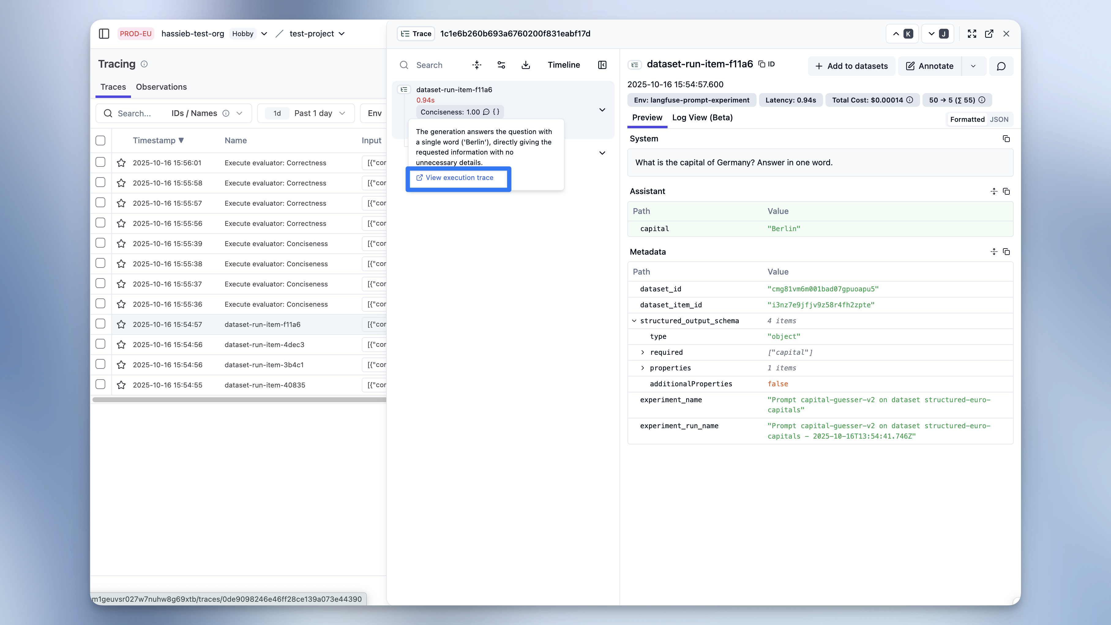 Score tooltip with execution trace link