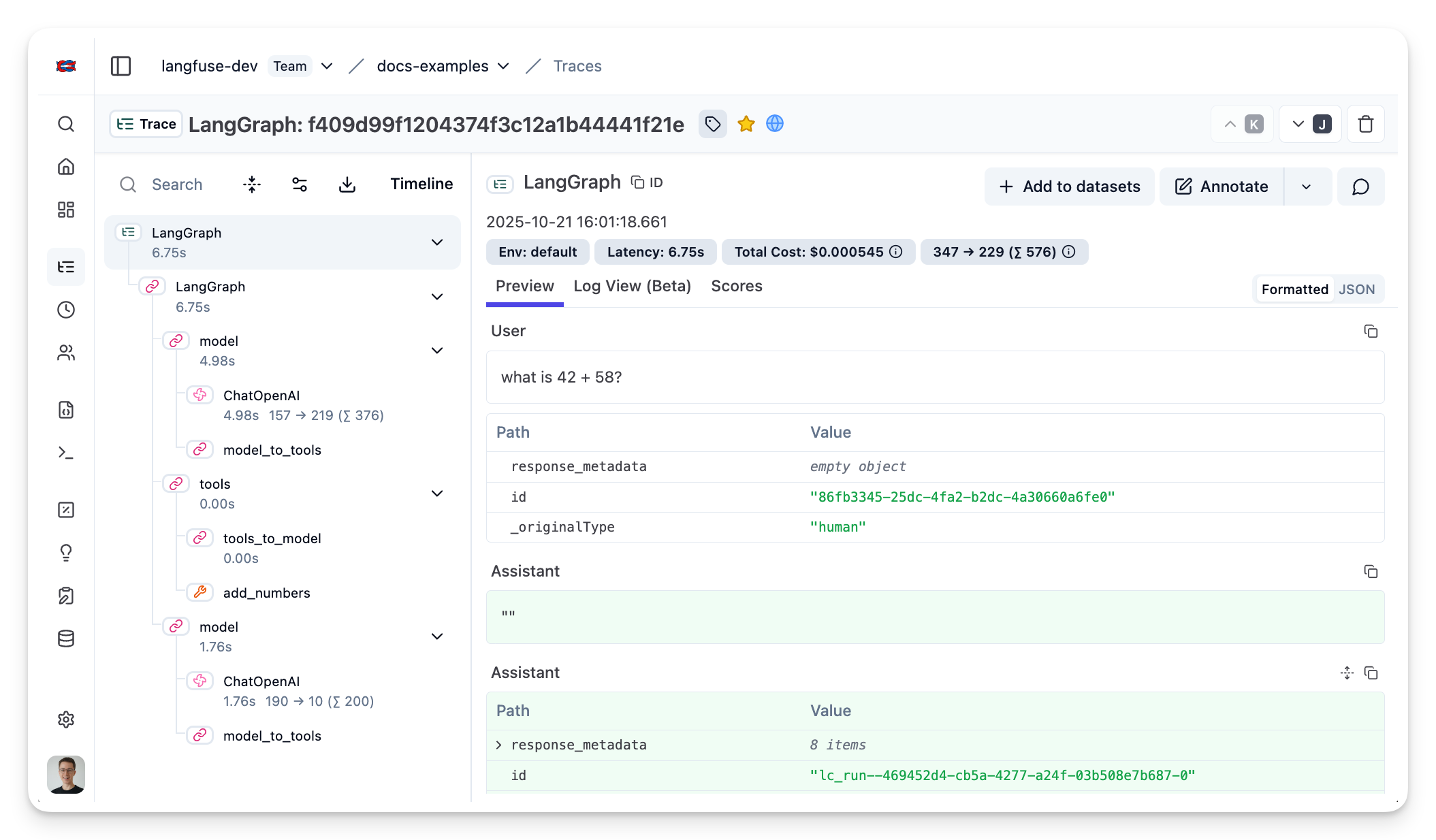 Example trace in Langfuse