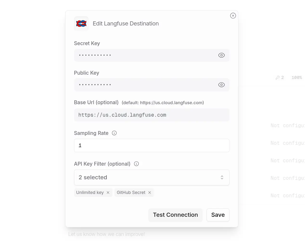 OpenRouter settings showing the Langfuse Broadcast configuration