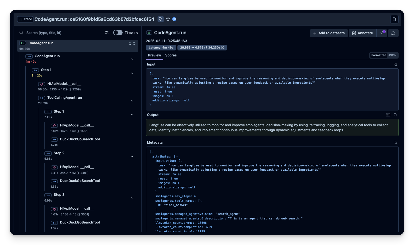 Hugging Face Smolagent Trace in Langfuse